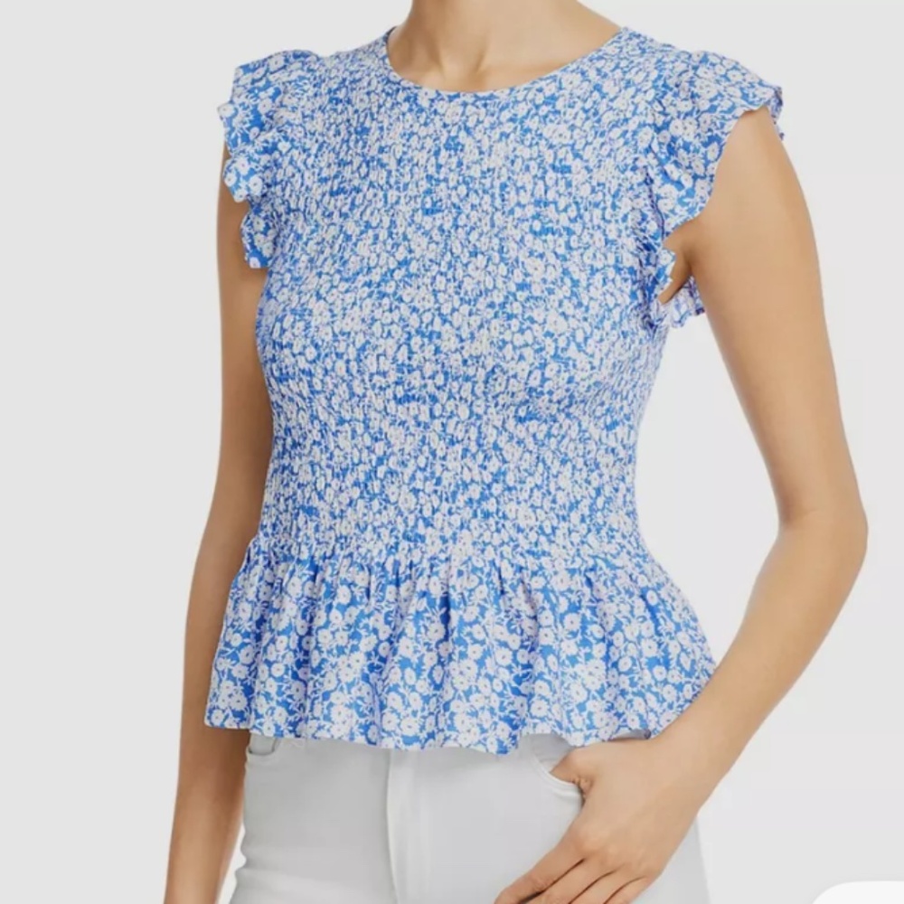 NWOT Lost & wander smocked floral top shirt / blue and white / size small